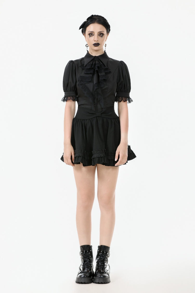 Black Point Lapel Collar Short Puff Sleeves Women's Gothic Blouse with Removable Rosette Cravat