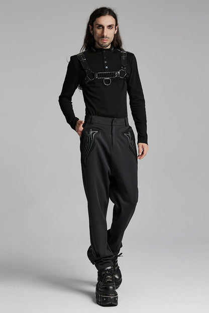 Black Leather Trim Stitching Rivet Men's Punk Pants