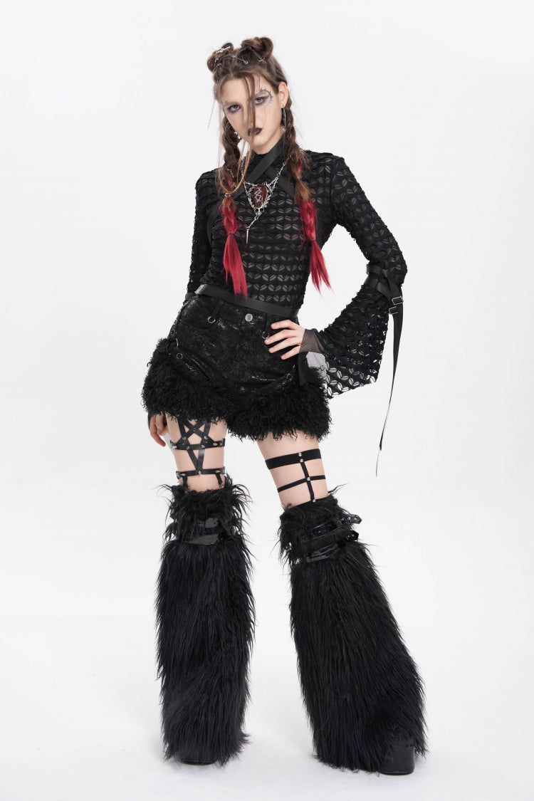 Black Plush Stitching Buckle Straps Women's Punk Shorts