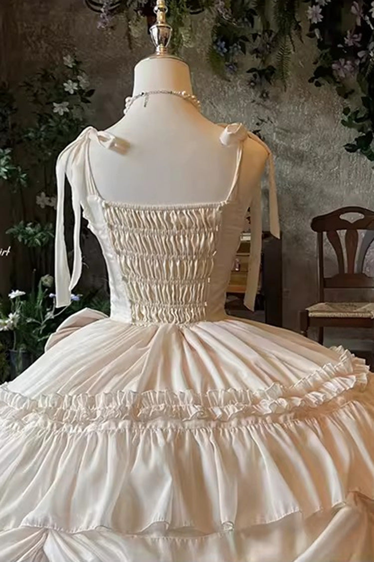 Apricot/Beige [Antique Bride] Sleeveless Multi-Layered Ruffled Bow Lace Sweet Elegant Gorgeous Full Skirt Lolita Jsk Dress