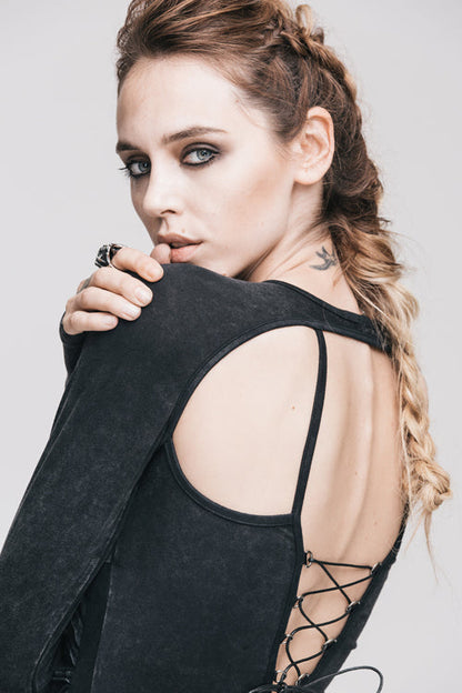 Black Hollow Out Long Sleeves Womens Punk Straps T-Shirt