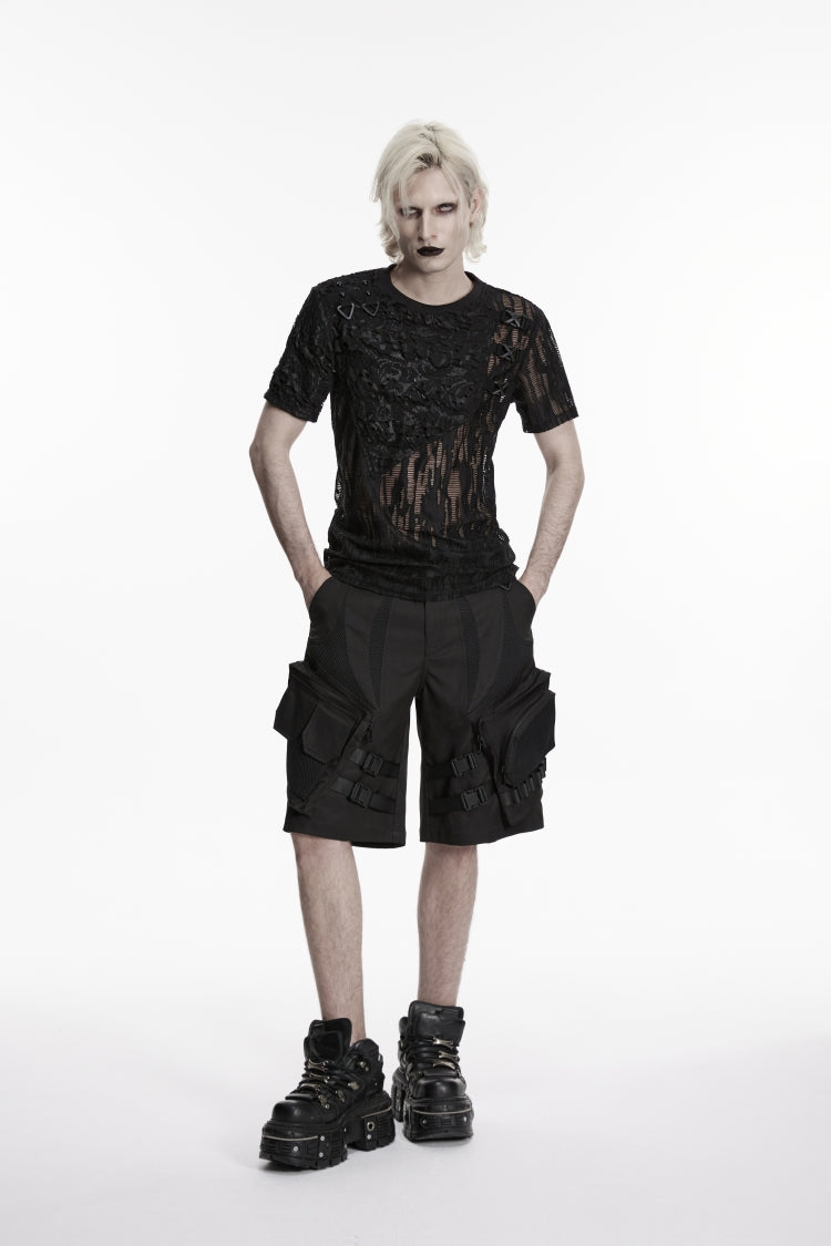 Black Buckled Men's Punk Cool Shorts with Big Pockets