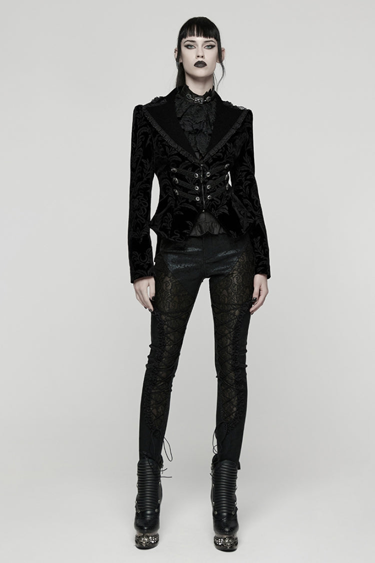 Black Lapel Collar Long Sleeves Lace-Up Zipper Women's Punk Coat