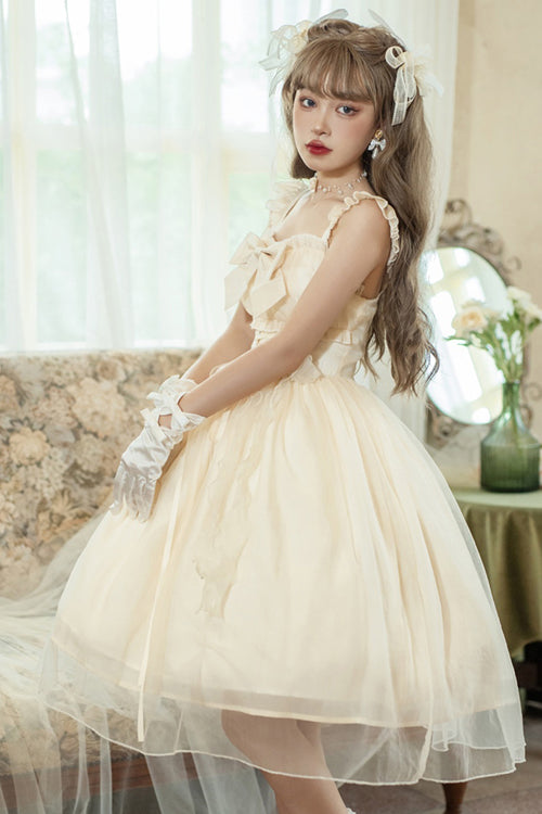 Beige Ruffled Strap Bow Sleeveless Sweet Lolita JSK Dress