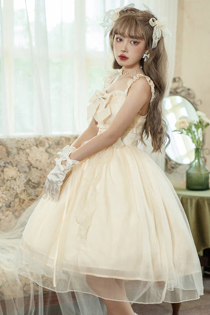 Beige Ruffled Strap Bow Sleeveless Sweet Lolita JSK Dress