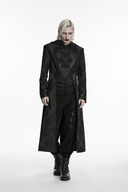 Black Long Sleeves Jacquard Embroidered Spliced Lace Hooded Color-Blocked Men's Punk Cool Coat