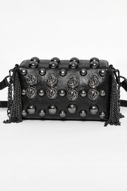 Black Beaded Rose Rivet Women's Gothic Faux Leather Clutches