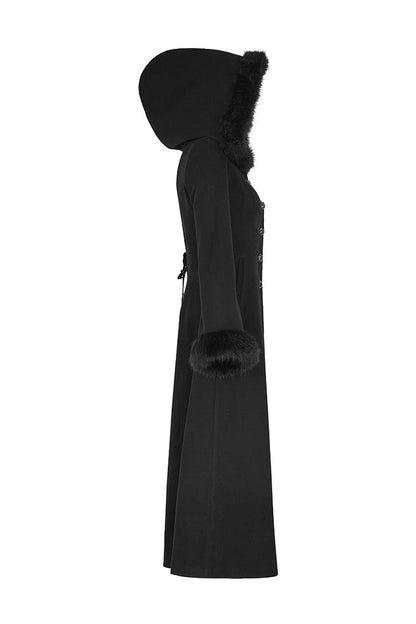 Black Hooded Print Womens Single-Breasted Long Maxi Gothic Coat