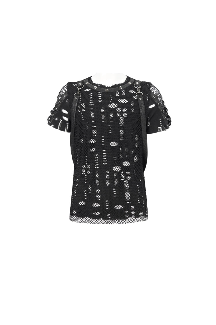 Black Half Hollow Shoulder Tie Design Men's Punk T-Shirt