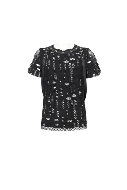 Black Half Hollow Shoulder Tie Design Men's Punk T-Shirt