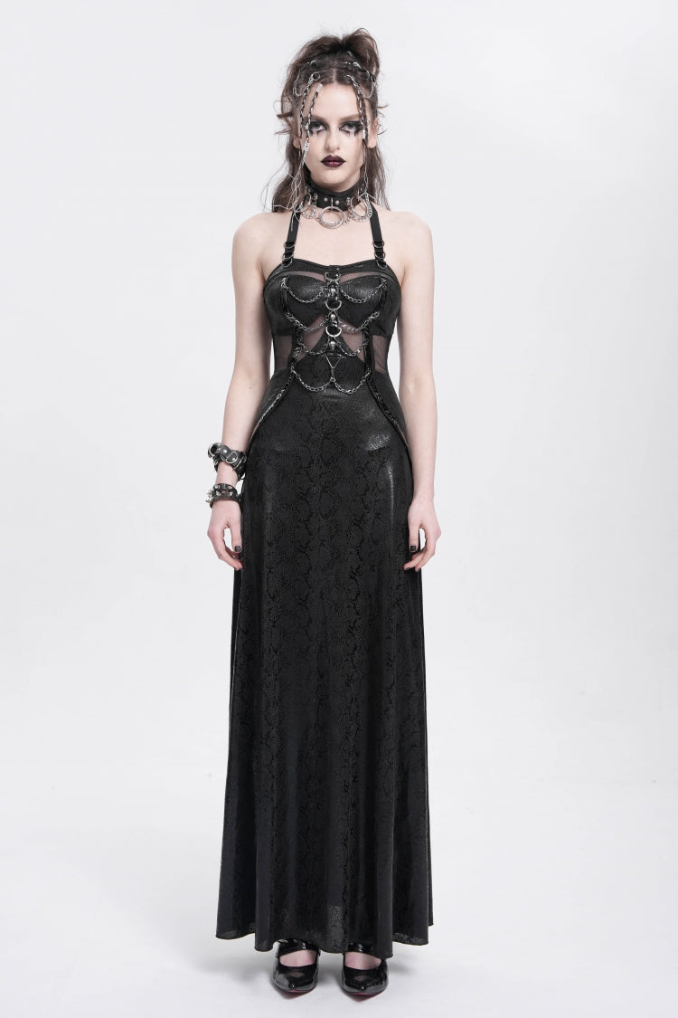 Black Halterneck Stitching Mesh Chained Women's Punk Dress
