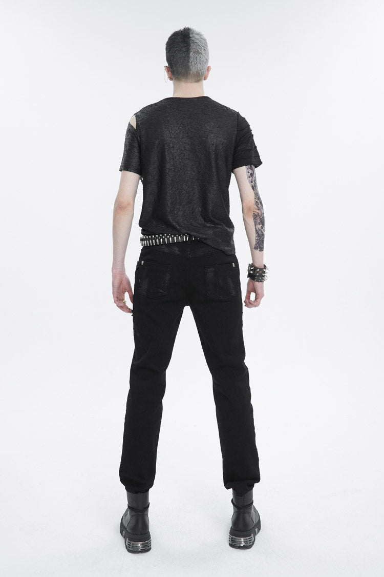 Black Left Off Shoulder Chest Zipper Embellished Men's Punk Short Sleeve