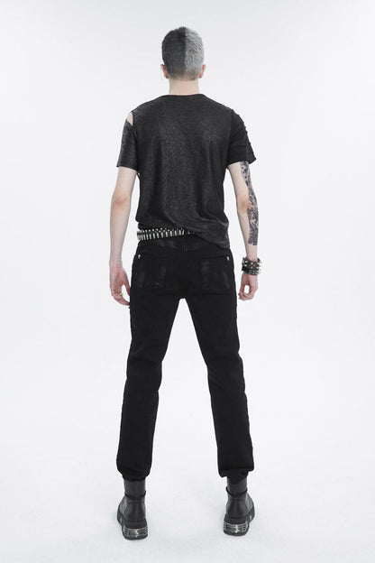 Black Left Off Shoulder Chest Zipper Embellished Men's Punk Short Sleeve