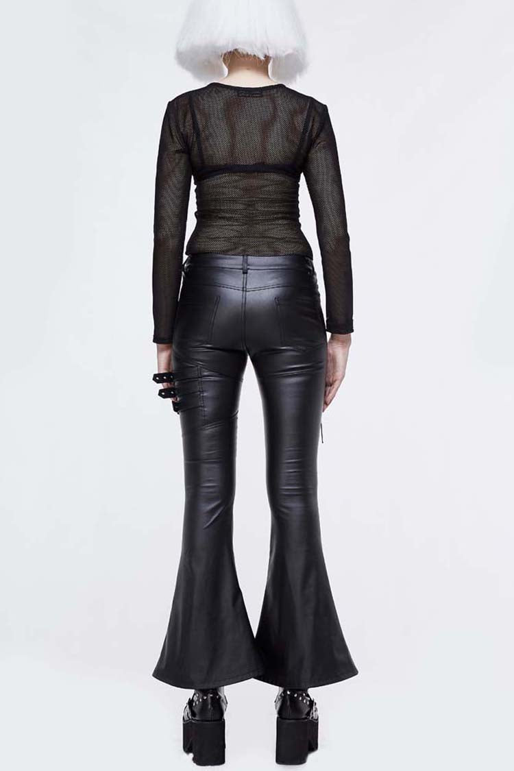 Black Hasp Leather Side Lace-Up Leather Tight Flared Women's Punk Pants