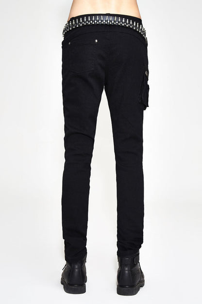 Black Asymmetric Broken Hole Glued Suede Rivet Men's Punk Pants