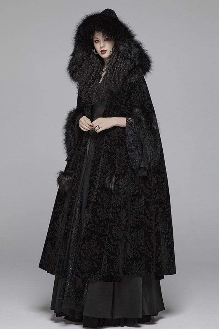 Black Fur Hood Front Fuzzy Ball Bandage Long Women's Gothic Cloak