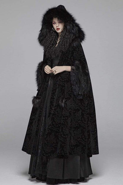 Black Fur Hood Front Fuzzy Ball Bandage Long Women's Gothic Cloak