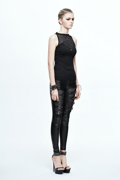 Black Leather Embroidered Gear Cotton Womens Punk T-Shirt
