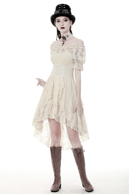 Beige Ruffled Off Shoulder Short Sleeves Ruched Women's Steampunk Vintage Gorgeous Graduation Dress