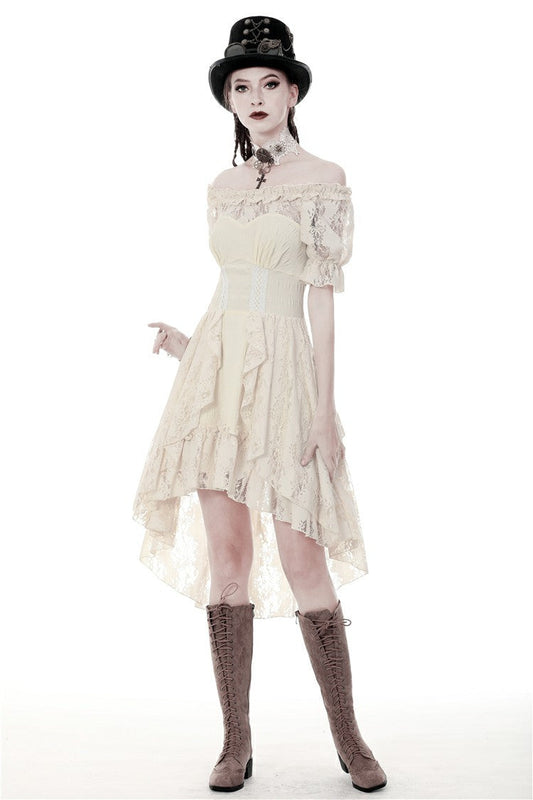 Beige Ruffled Off Shoulder Short Sleeves Ruched Women's Steampunk Vintage Gorgeous Graduation Dress