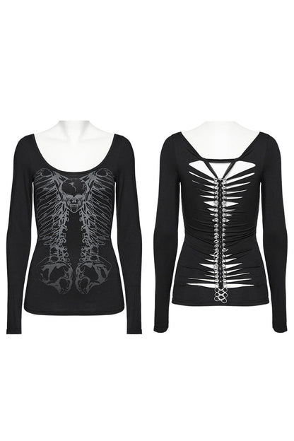 Black Long Sleeves Skeleton Print Women's Gothic T-Shirt