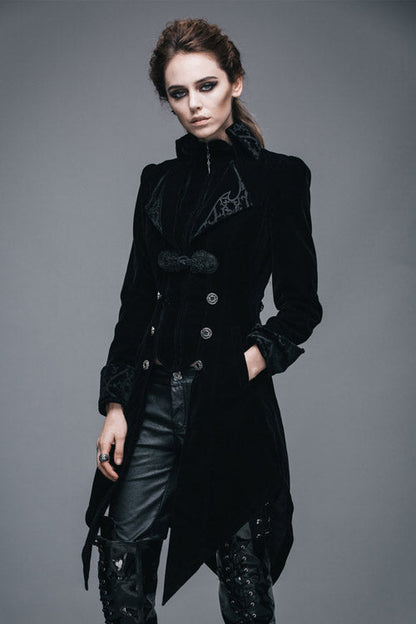 Black Embroidered High Collar Dovetail Velveteen Womens Gothic Coat