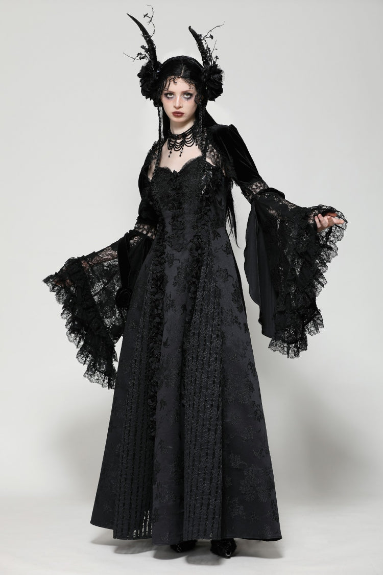 Black Long Puff Flared Sleeves Ruffled Lace Spliced Velvet Women's Gothic Cape