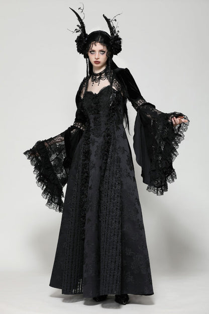 Black Long Puff Flared Sleeves Ruffled Lace Spliced Velvet Women's Gothic Cape
