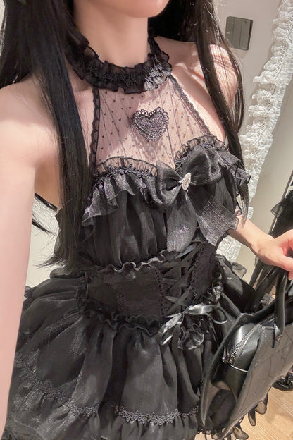Black Halterneck Triple-Layered Bowknot Lace Gothic Lolita Jsk Dress