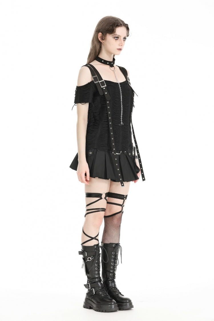Black Off Shoulder Short Sleeves Ripped Buckled Women's Gothic T-Shirt with Detachable Choker