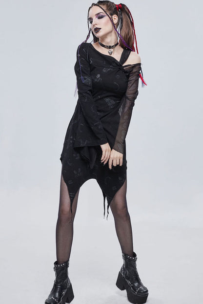 Black Gothic Off-The-Shoulder Graphic-Print Asymmetric Design Splicing Mesh Women's Dress
