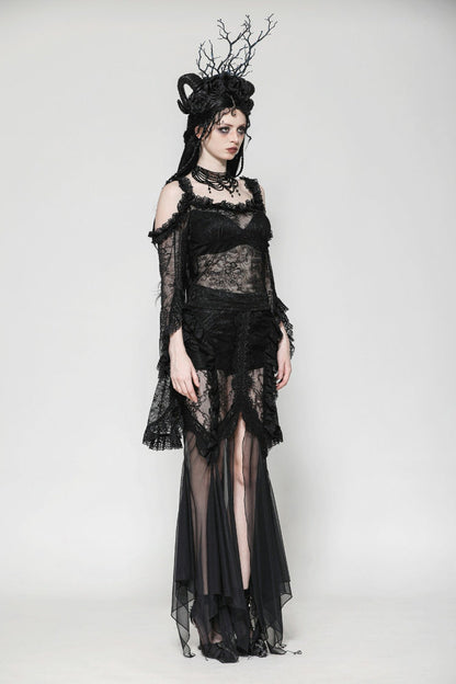 Black Off Shoulder Long Flare Sleeves Lace Women's Gothic Romantic Top