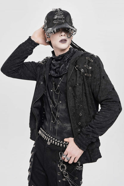Black Long Sleeves Hexagram Print Hooded Ripped Pleated Men's Punk Coat