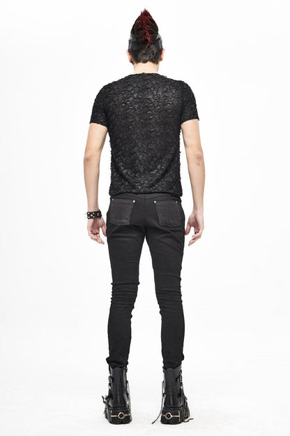 Black Broken Holes Thick Stripes Chest Lace-Up Knit Short Sleeve Men's Punk T-Shirt