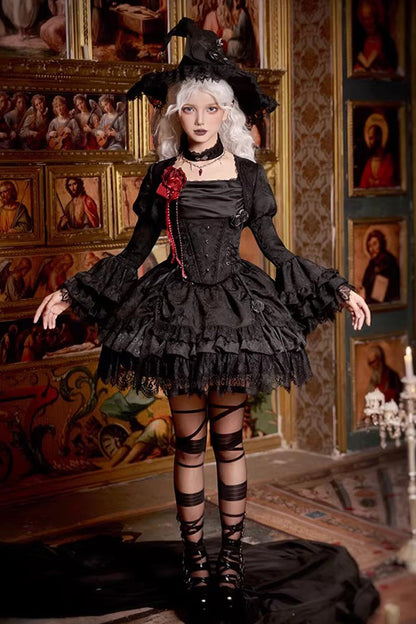 Black  [Letters & Poems · Twilight] Multi-Layered Jacquard Ruffled Witch Gothic Lolita Skirt 2 Versions