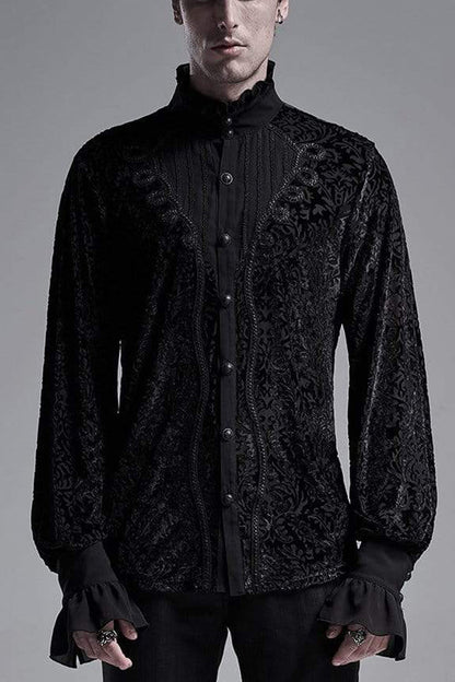 Black High Collar Lantern Sleeve Front Metal Retro Button Flounce Cuff Velveteen Knit Men's Gothic Shirt