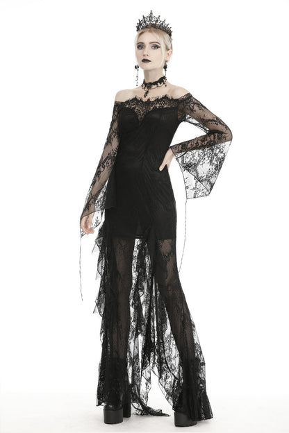 Black Off Shoulder Long Sleeves Lace Lace-Up Women's Gothic Mermaid Wedding Dress