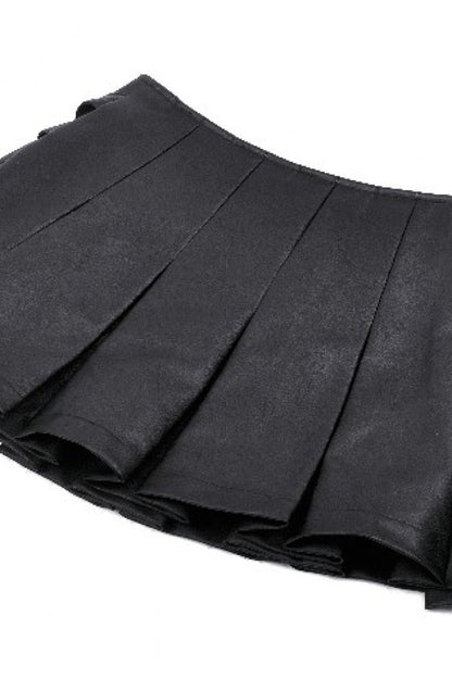 Black Low Waisted Buckle-Up Women's Punk PU Leather Pleated Mini Skirt