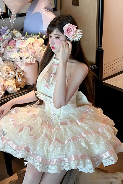 Beige [Ballet Dream] Halterneck Triple-Layered Ruffle Bowknot Lace-Up Sweet Princess Lolita Dress