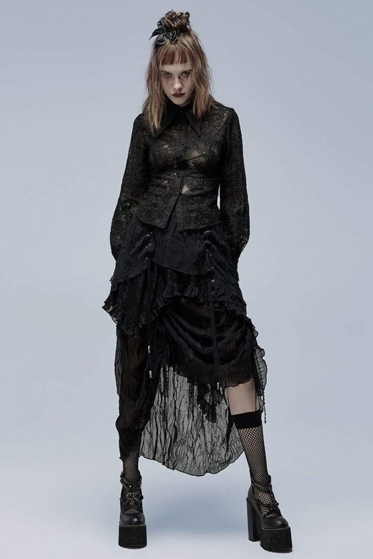 Black Lapel Collar Long Puff Sleeves Hollow Embroidery Womens Gothic Blouse
