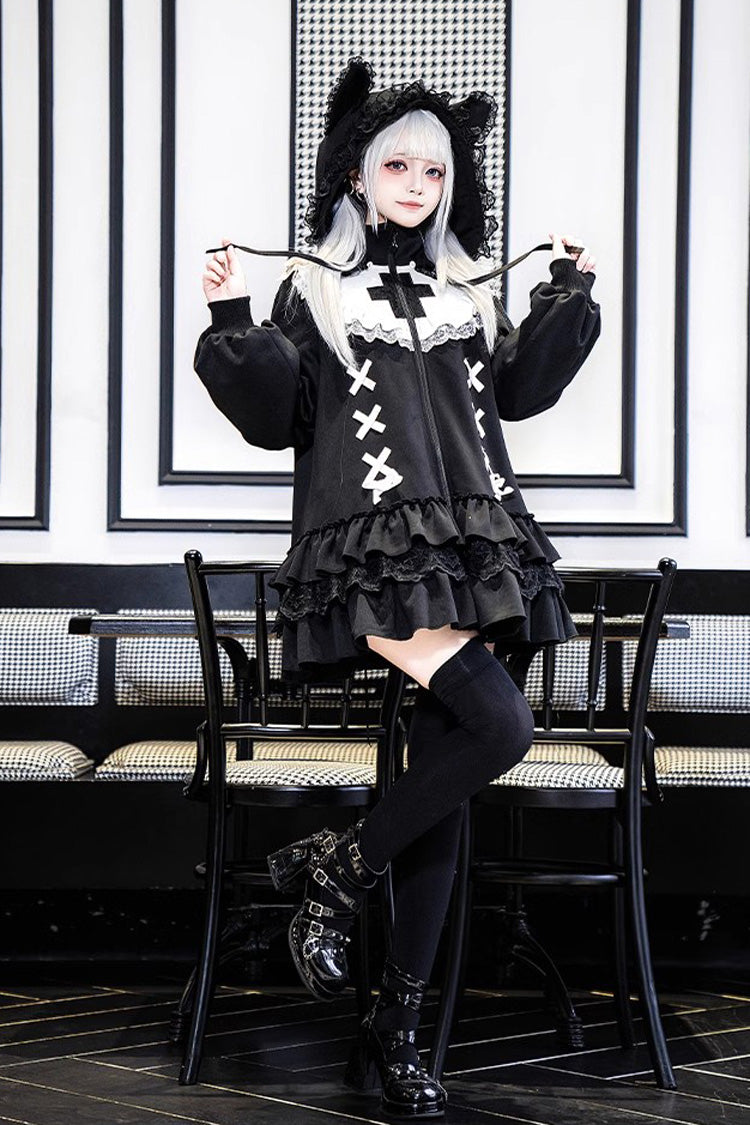 Black Long Sleeves Ruffle Zipper Sweet Handsome Lolita Sweatshirt Coat