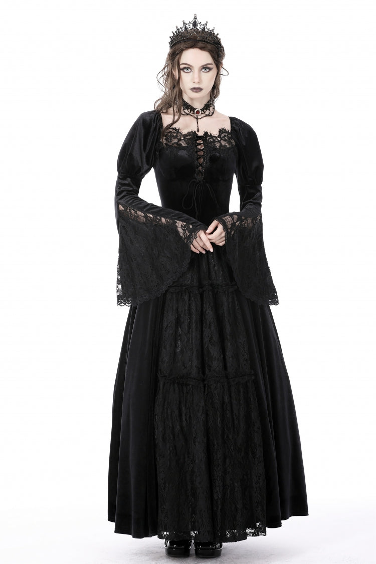 Black Long Puff Sleeves Spliced Lace Lace-Up Women's Gothic Vintage Velvet Wedding Dress