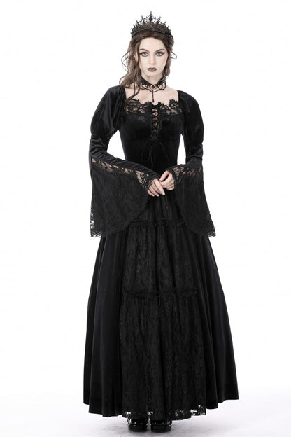 Black Long Puff Sleeves Spliced Lace Lace-Up Women's Gothic Vintage Velvet Wedding Dress