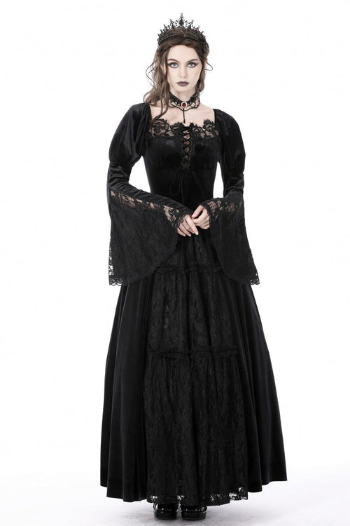 Black Long Puff Sleeves Spliced Lace Lace-Up Women's Gothic Vintage Velvet Wedding Dress