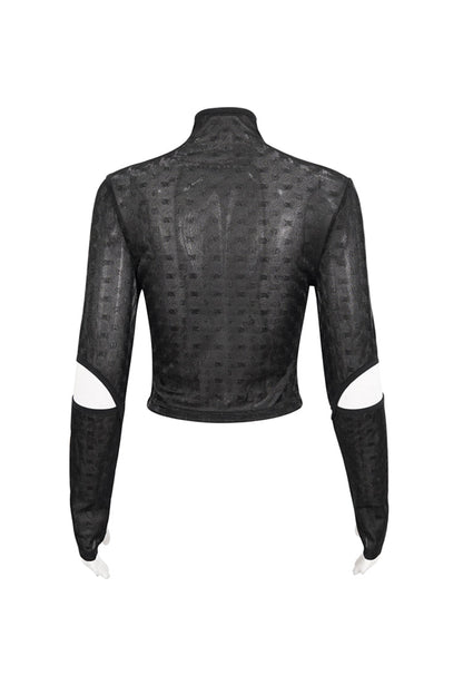 Black Mid-High Collar Front Neck Zipper Hanging Chain Mesh Fabric Long Sleeve Women's Punk T-Shirt