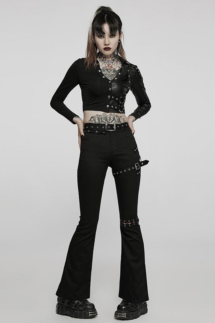 Black Gothic Super Cool Slim Fit Strap Sexy Cropped Pullover Long Sleeve Women's Polo Tee