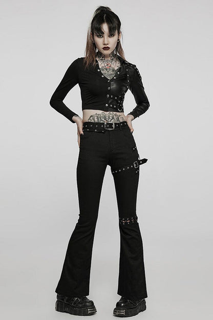 Black Gothic Super Cool Slim Fit Strap Sexy Cropped Pullover Long Sleeve Women's Polo Tee