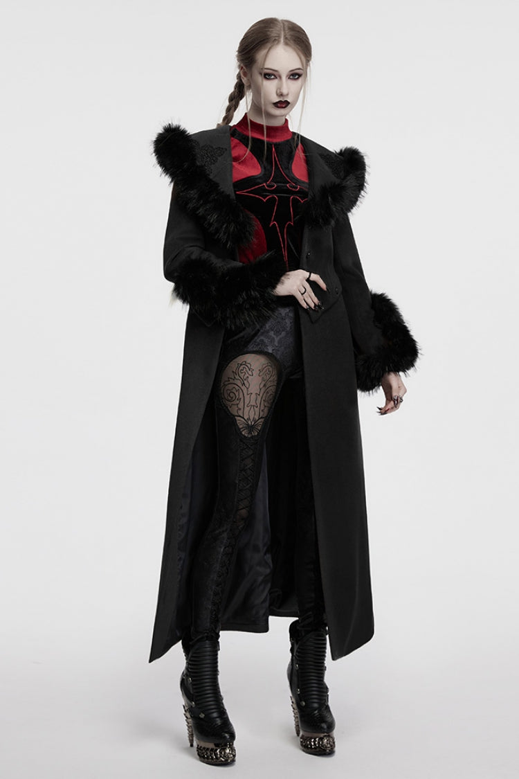 Black Long Sleeves Faux Fur Stitching Lace-Up Detachable Women's Gothic Coat