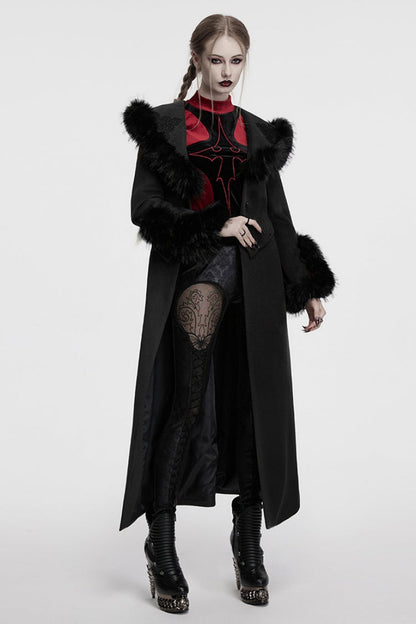 Black Long Sleeves Faux Fur Stitching Lace-Up Detachable Women's Gothic Coat