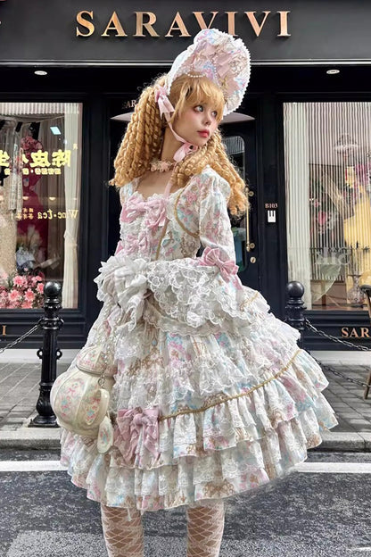 Apricot [Candlelight Elegance] Long Trumpet Sleeves Multi-Layered Ruffle Bowknot Lace Sweet Elegant Lolita Dress